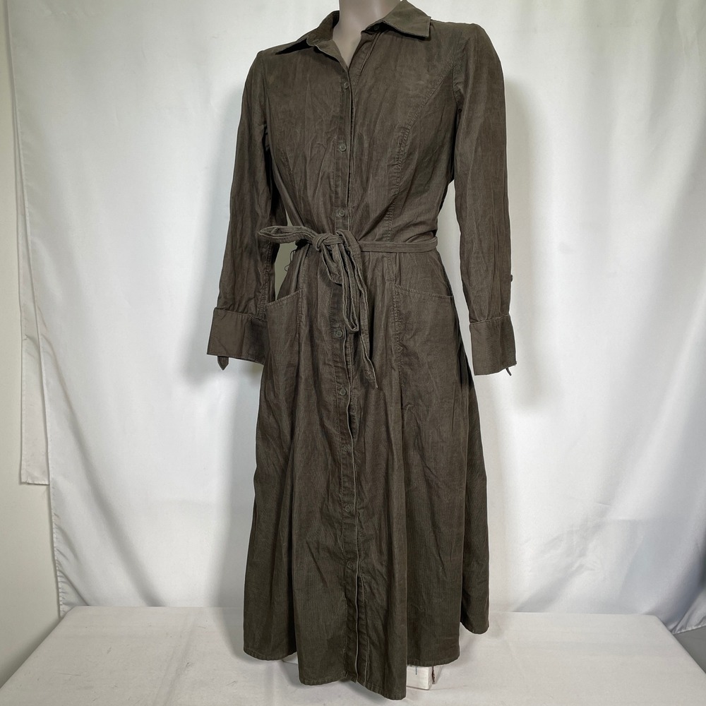 Ann Taylor LOFT Brown Corduroy Button Front Belted Midi Shirt Dress Womens Sz 10 - Picture 2 of 8
